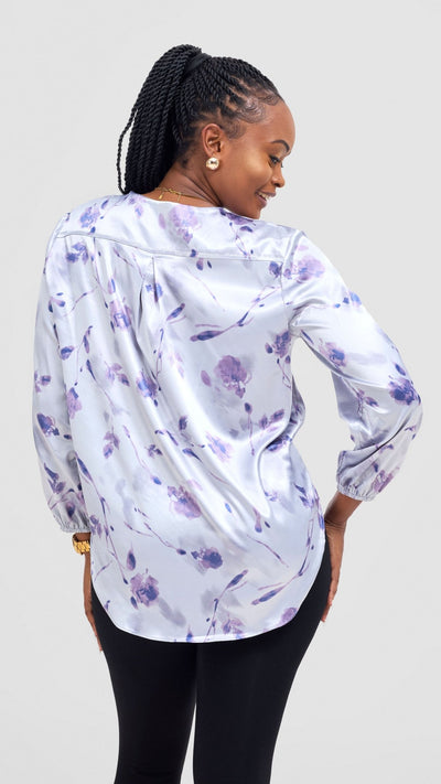 Vivo Dua Satin Bishop Sleeve Top - Blue / Purple Print - Shopzetu