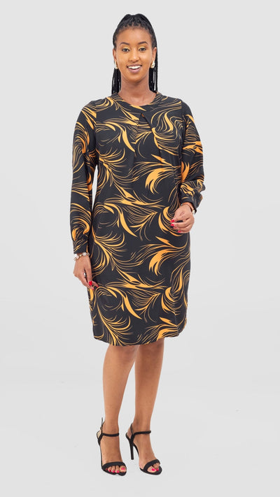 Vivo Chari Shift Dress - Black / Orange Riah Print - Shopzetu