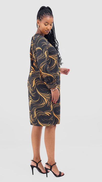 Vivo Chari Shift Dress - Black / Orange Riah Print - Shopzetu