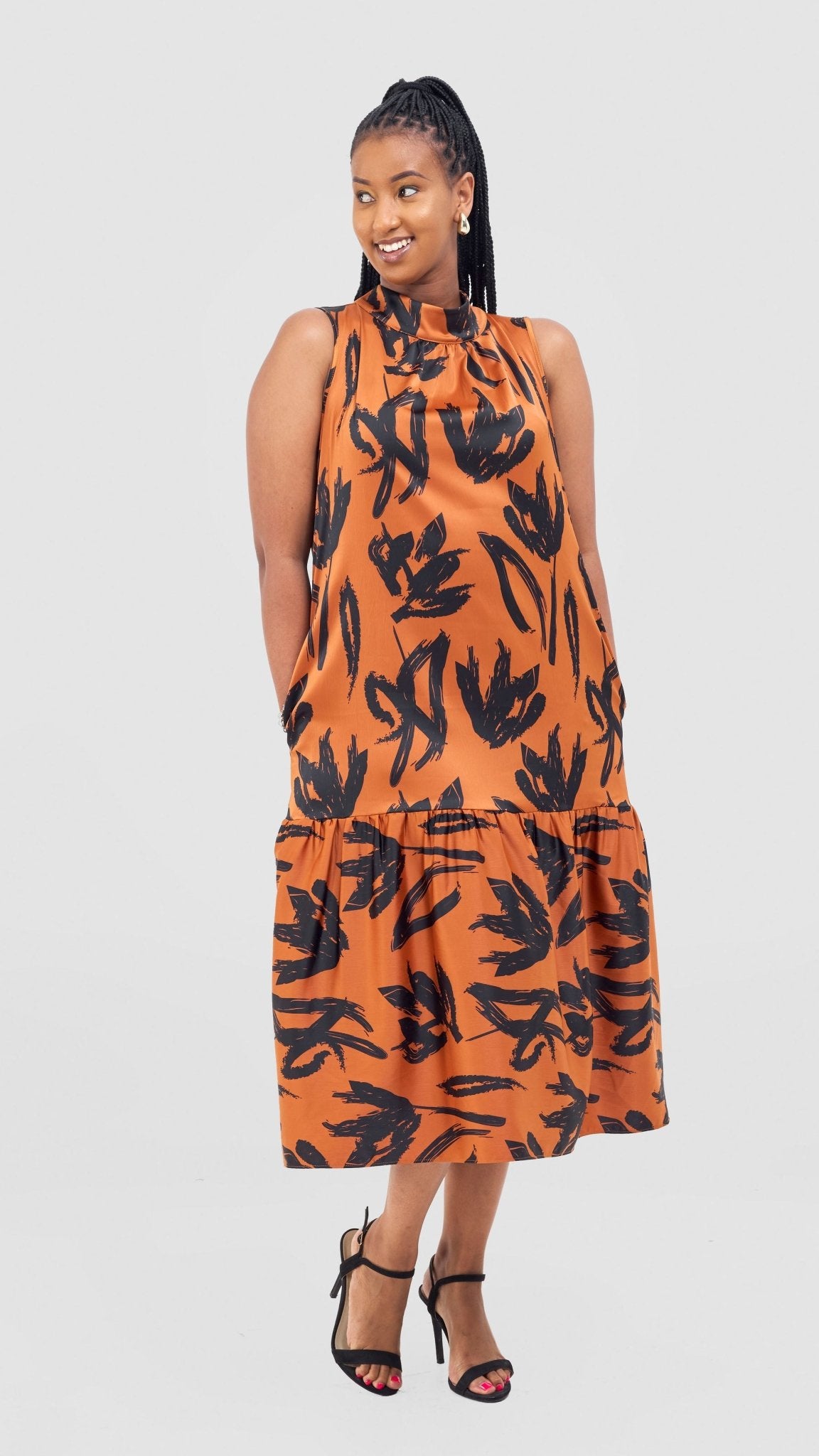 Vivo Takali Frilled Midi Dress - Rust / Black Ela Print - Shopzetu