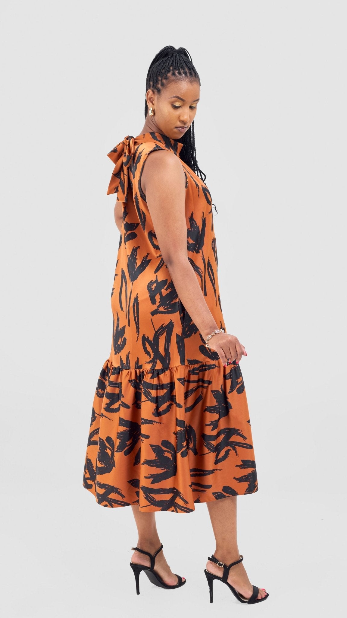 Vivo Takali Frilled Midi Dress - Rust / Black Ela Print - Shopzetu