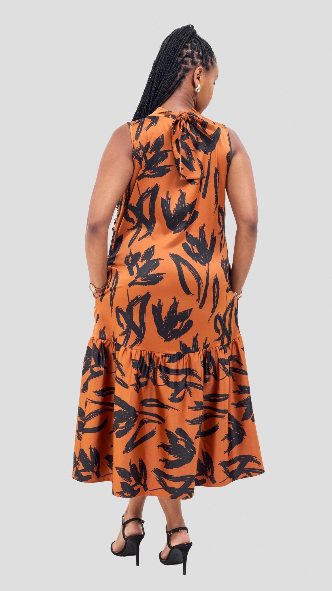 Vivo Takali Frilled Midi Dress - Rust / Black Ela Print - Shopzetu