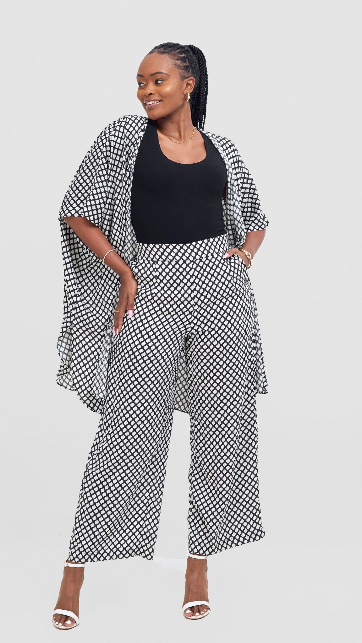 Vivo Samira Wide Kimono - Black / Off White Print - Shopzetu