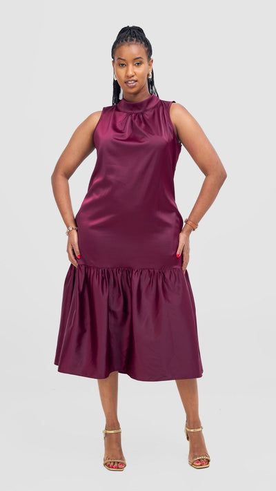 Vivo Takali Frilled Midi Dress - Maroon - Shopzetu