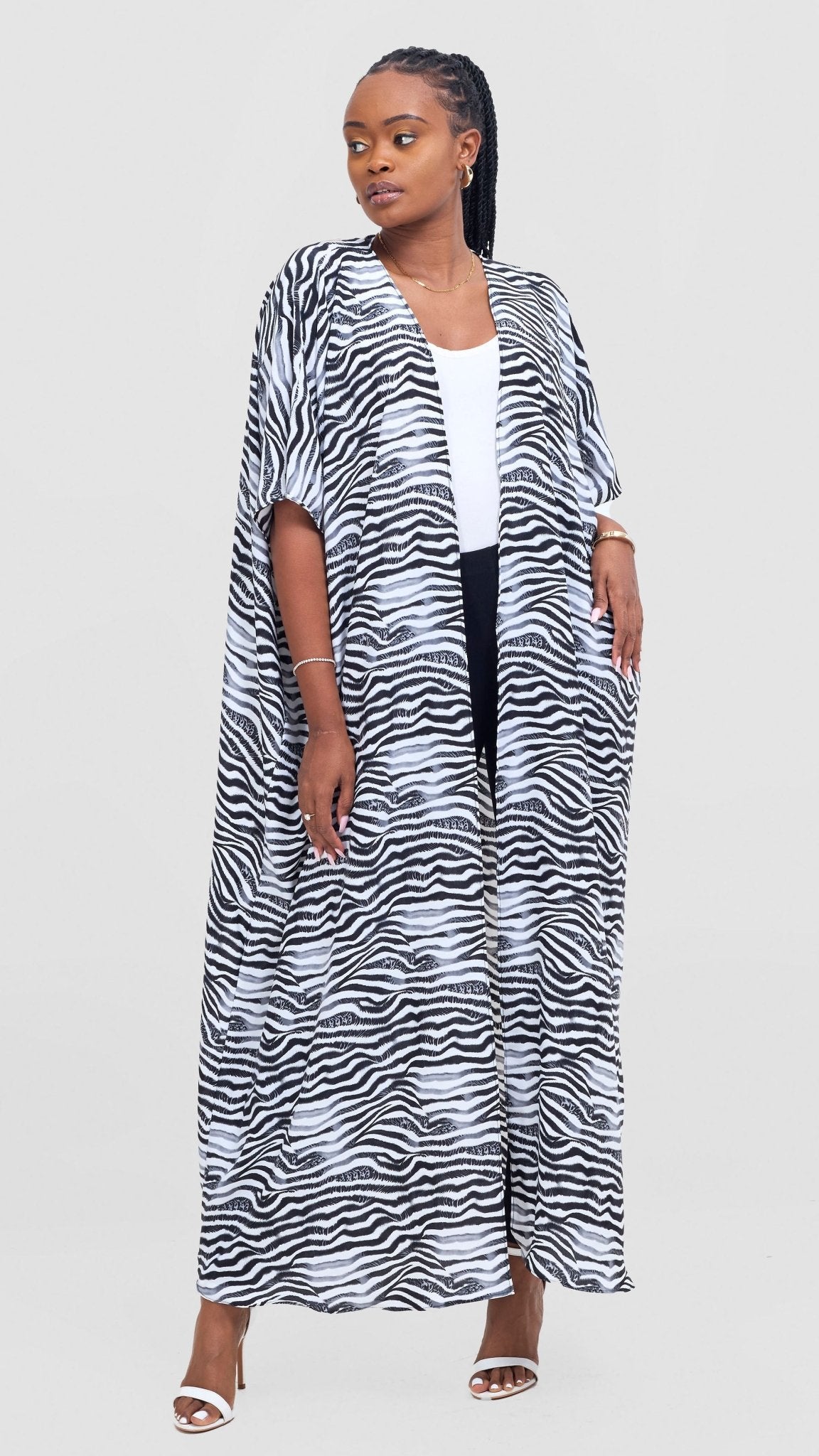 Vivo Samira Wide Kimono - White / Grey Print - Shopzetu