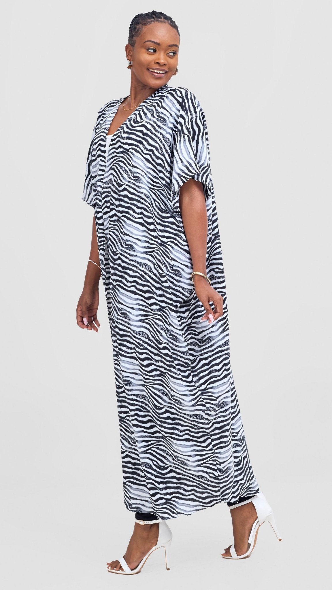 Vivo Samira Wide Kimono - White / Grey Print - Shopzetu