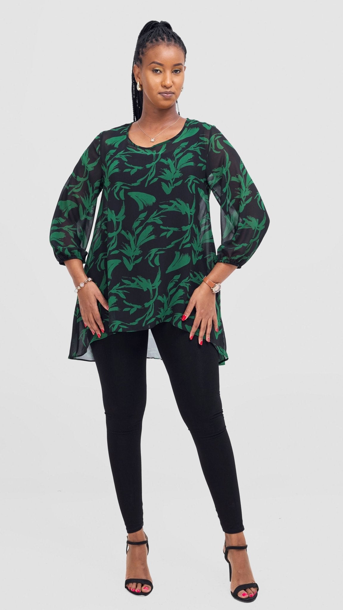 Vivo Samira High Low Top - Black / Green Siari Print - Shopzetu