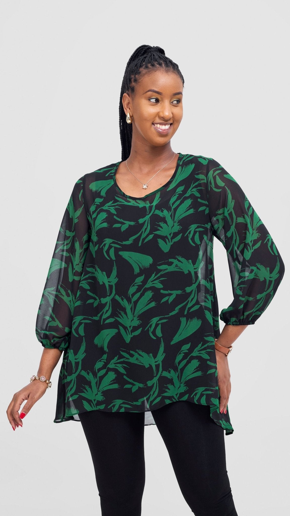 Vivo Samira High Low Top - Black / Green Siari Print - Shopzetu