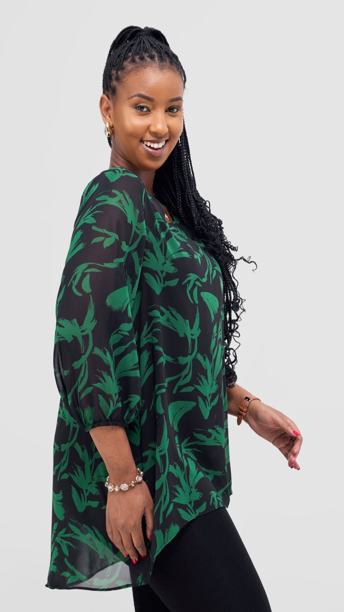 Vivo Samira High Low Top - Black / Green Siari Print - Shopzetu