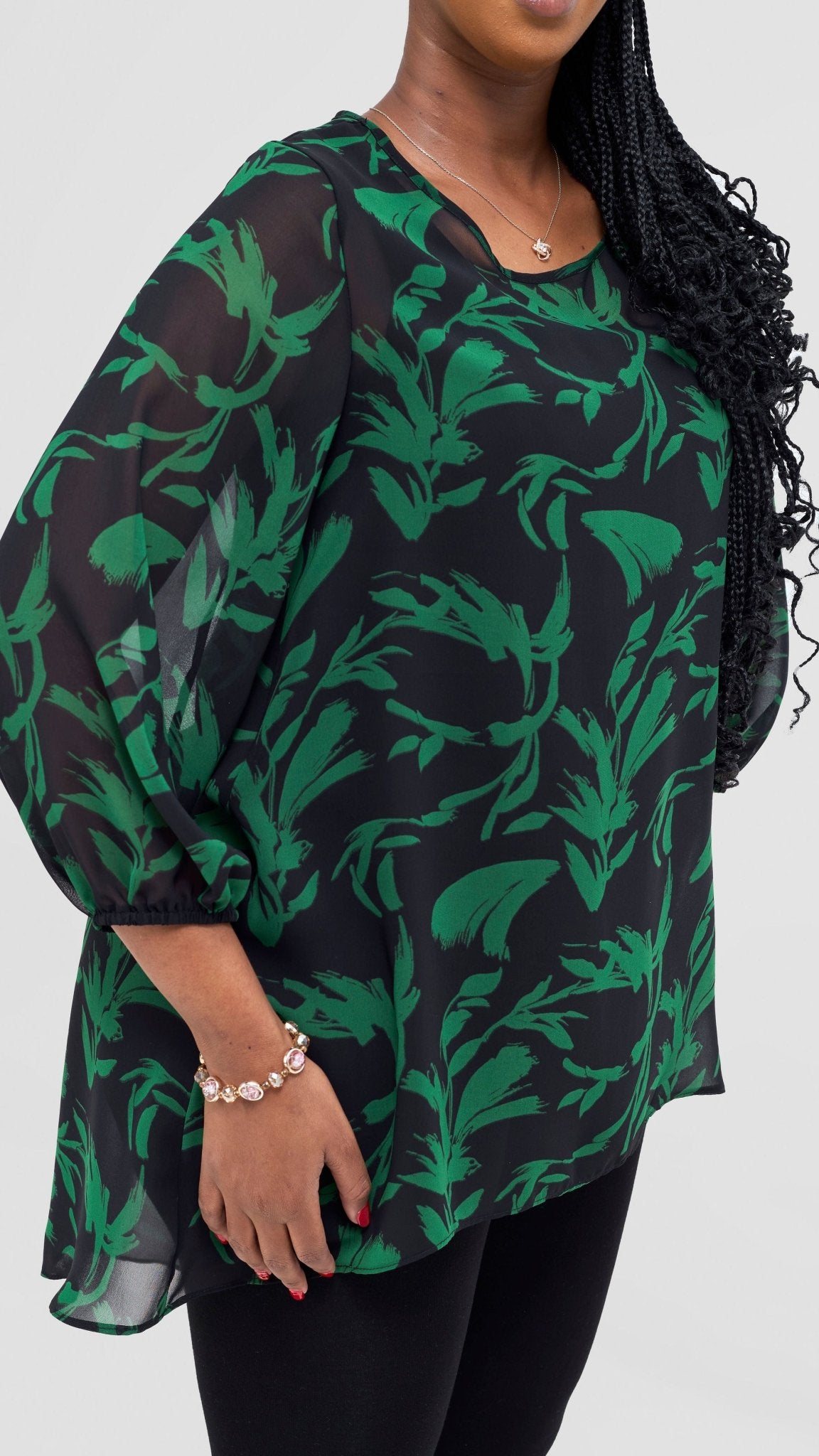 Vivo Samira High Low Top - Black / Green Siari Print - Shopzetu