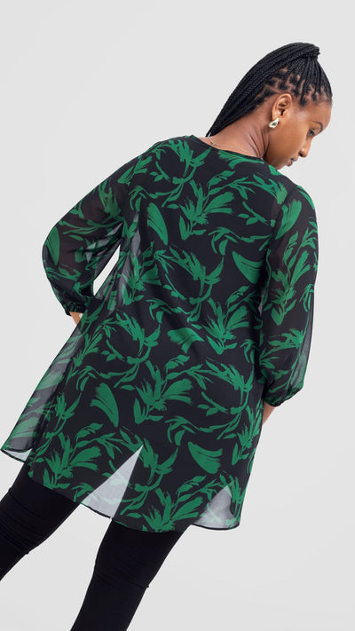 Vivo Samira High Low Top - Black / Green Siari Print - Shopzetu