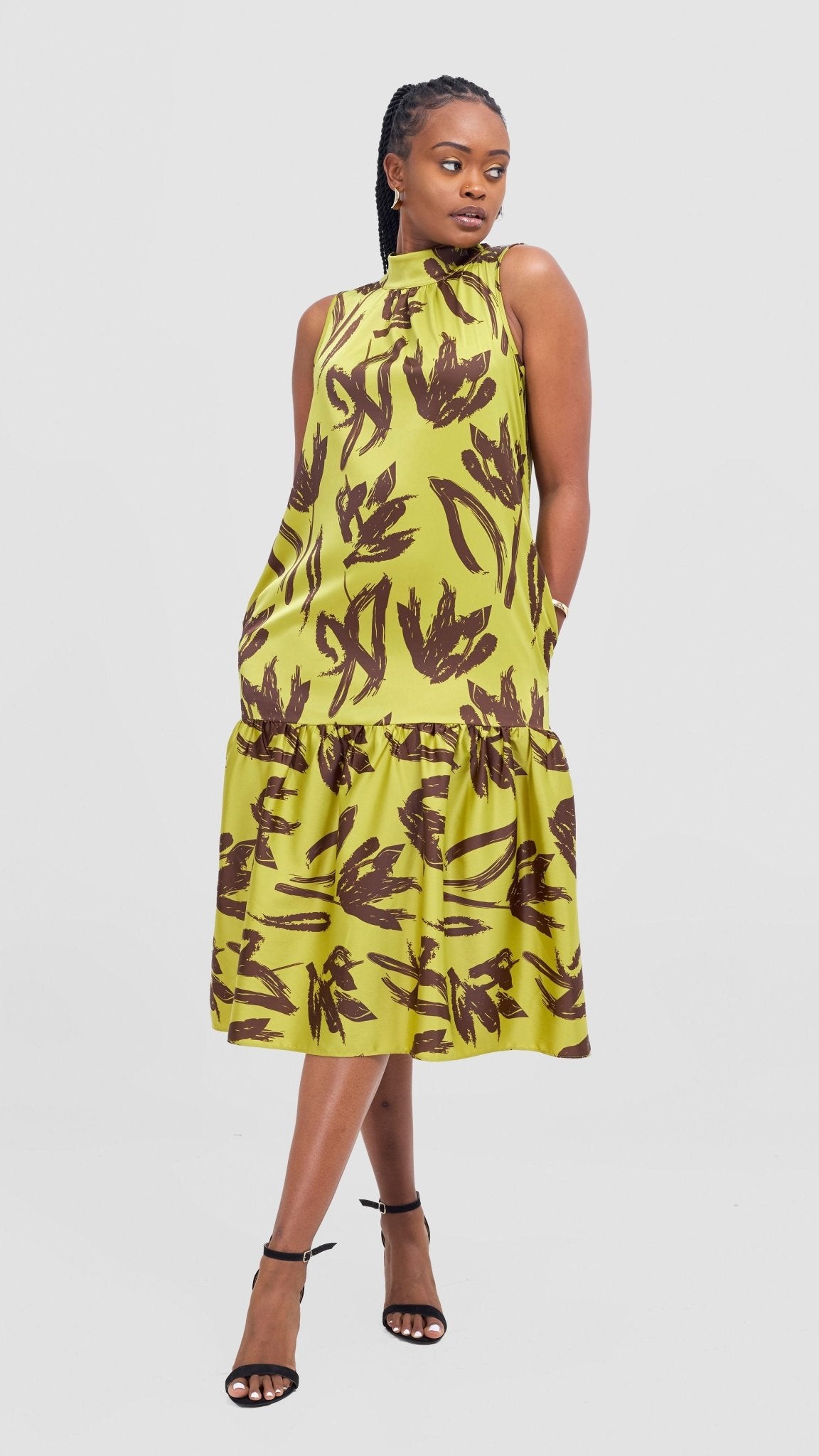 Vivo Takali Frilled Midi Dress - Lime / Brown Ela Print - Shopzetu