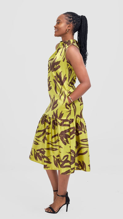 Vivo Takali Frilled Midi Dress - Lime / Brown Ela Print - Shopzetu
