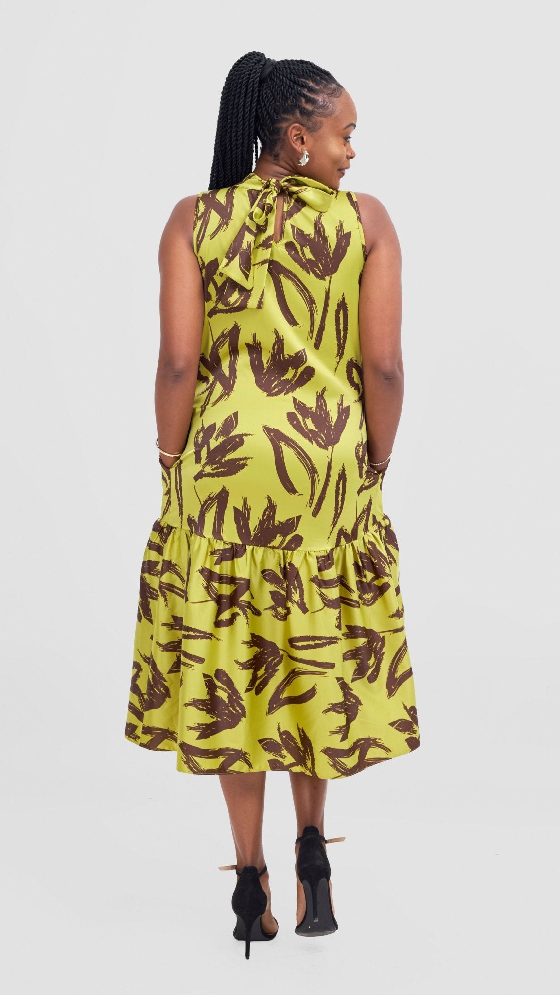 Vivo Takali Frilled Midi Dress - Lime / Brown Ela Print - Shopzetu