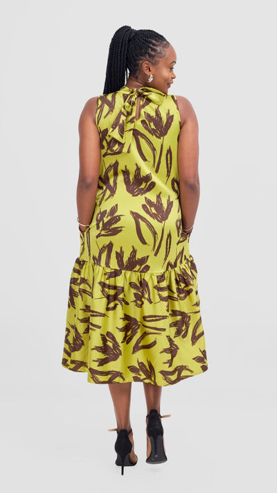 Vivo Takali Frilled Midi Dress - Lime / Brown Ela Print - Shopzetu