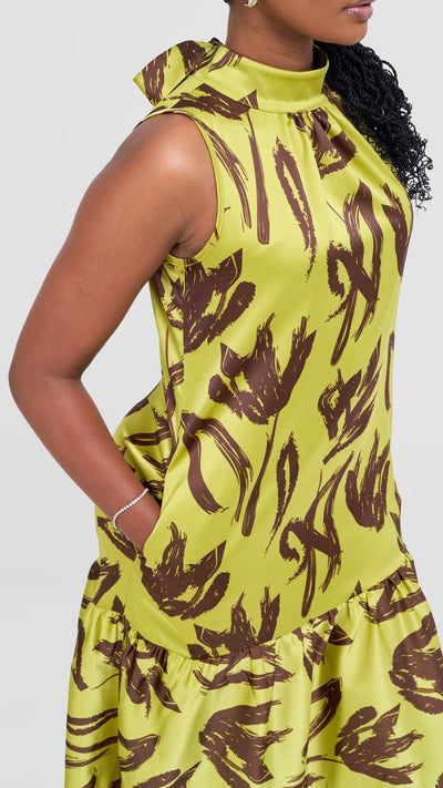 Vivo Takali Frilled Midi Dress - Lime / Brown Ela Print - Shopzetu
