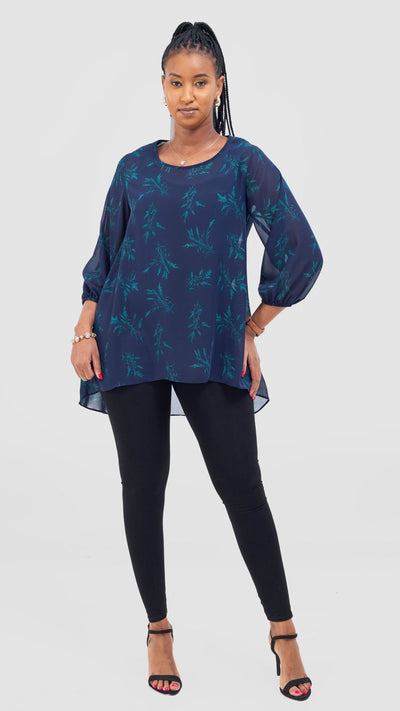 Vivo Samira High Low Top - Navy / Teal Ami Print - Shopzetu