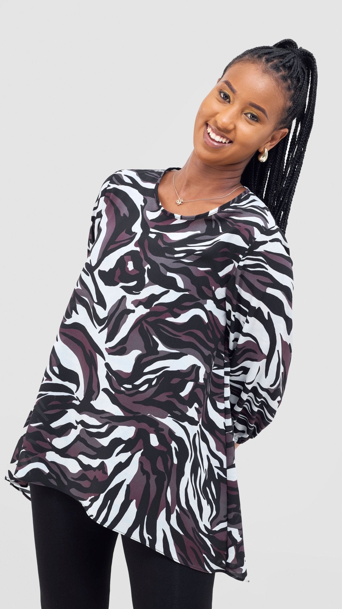 Vivo Samira High Low Top - Black / Cream Sira Print - Shopzetu