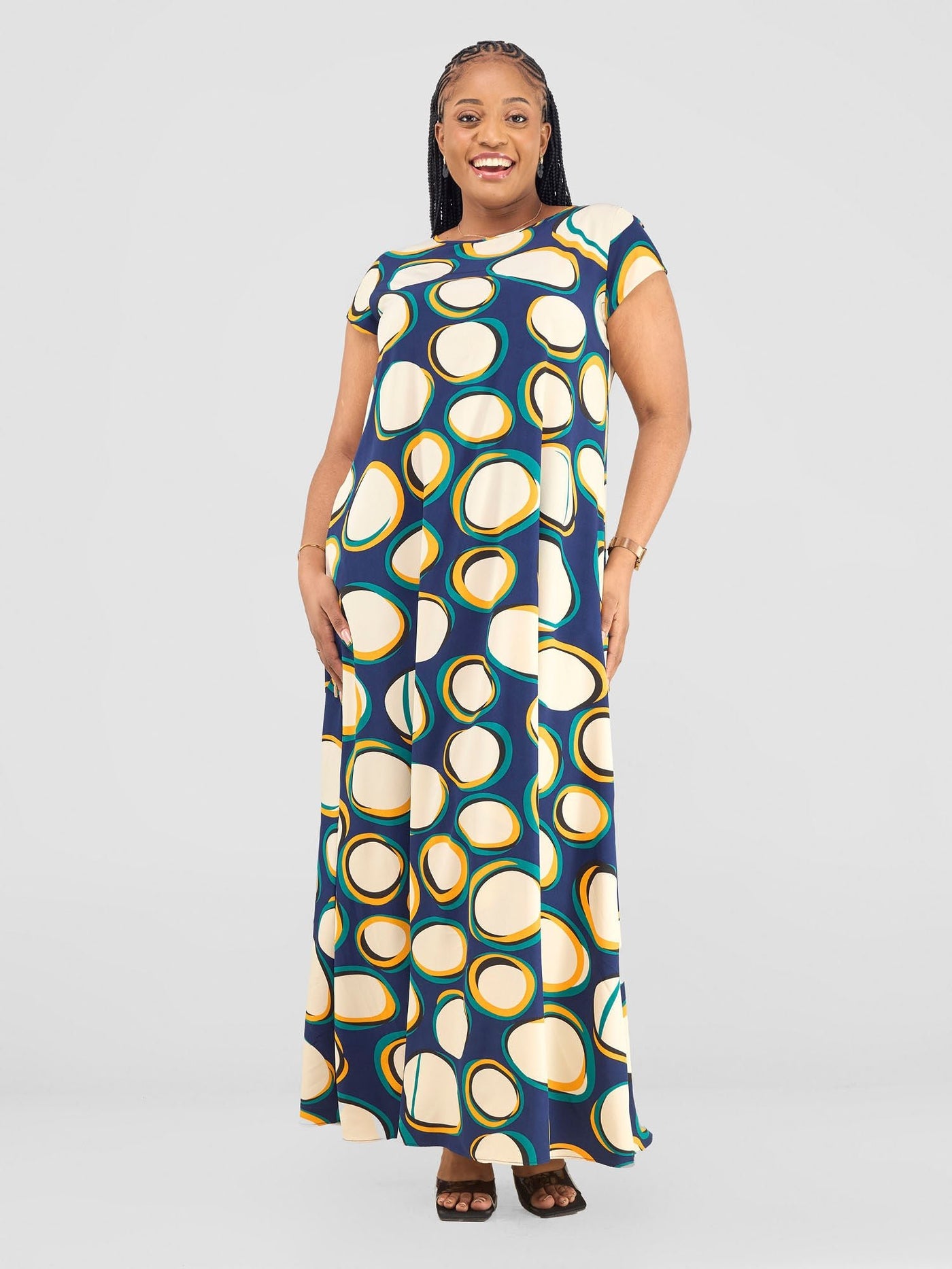 Vivo Basic Cap Sleeve Maxi Tent Dress - Taupe Polka Print - Shopzetu
