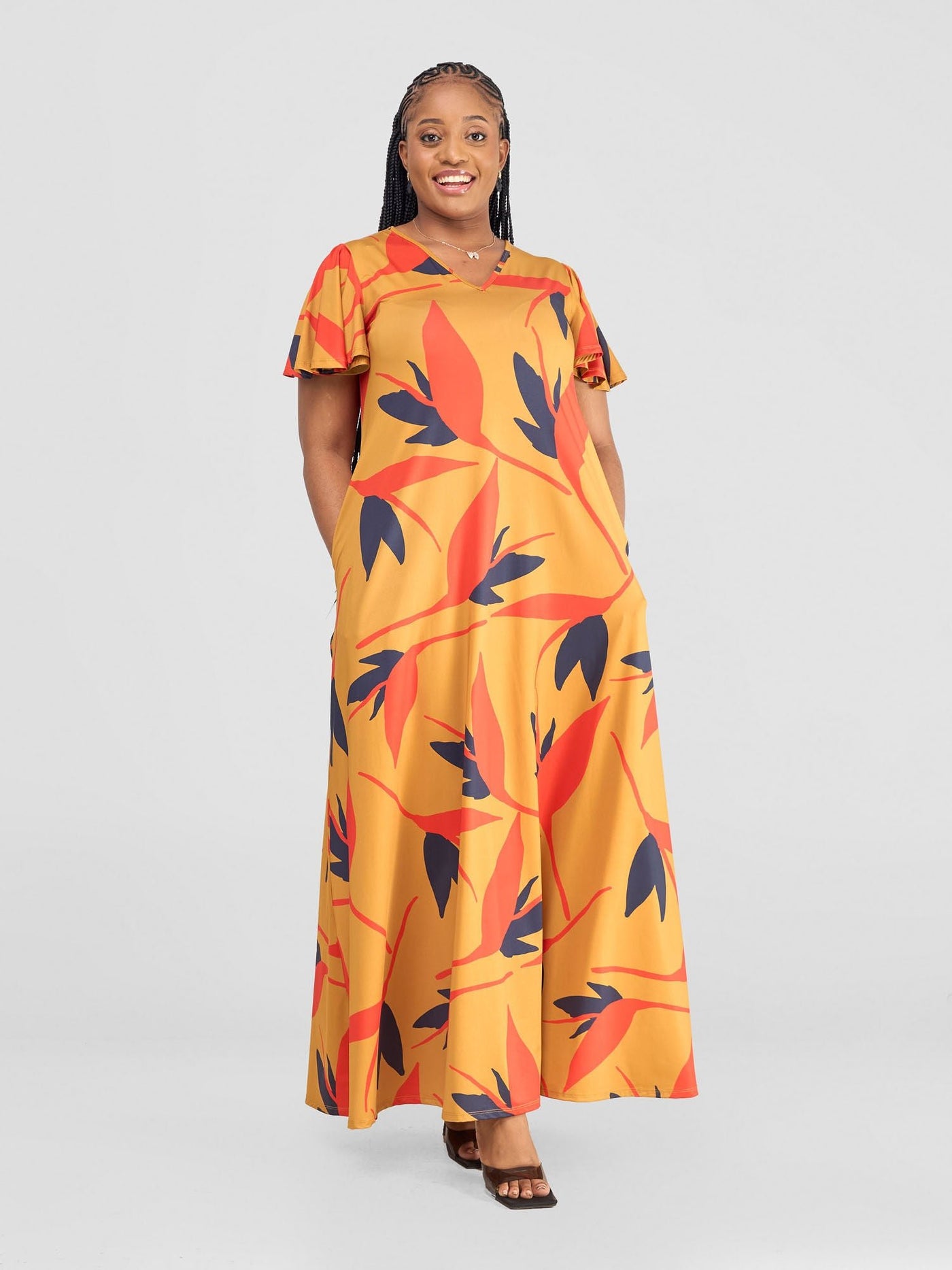 Vivo Ruwa Flounce Sleeve Tent Maxi Dress - Mustard / Orange Mizan Print