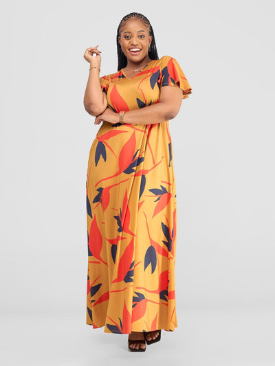Vivo Ruwa Flounce Sleeve Tent Maxi Dress - Mustard / Orange Mizan Print