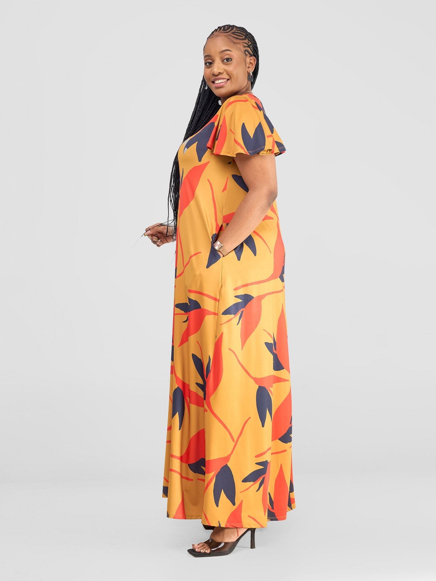 Vivo Ruwa Flounce Sleeve Tent Maxi Dress - Mustard / Orange Mizan Print