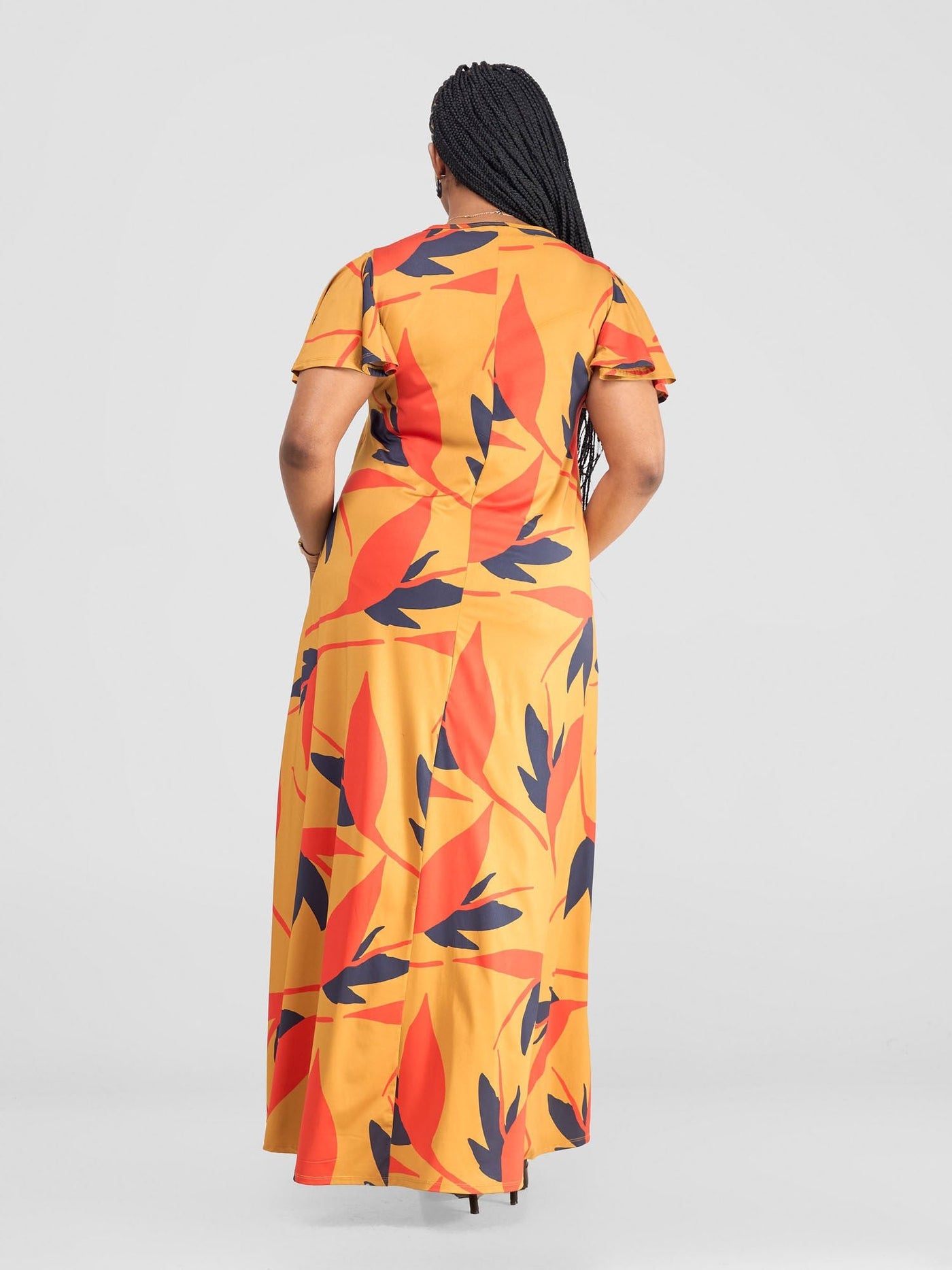 Vivo Ruwa Flounce Sleeve Tent Maxi Dress - Mustard / Orange Mizan Print