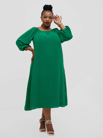 Hessed Off Shoulder Sleeved Dress - Green - Shopzetu