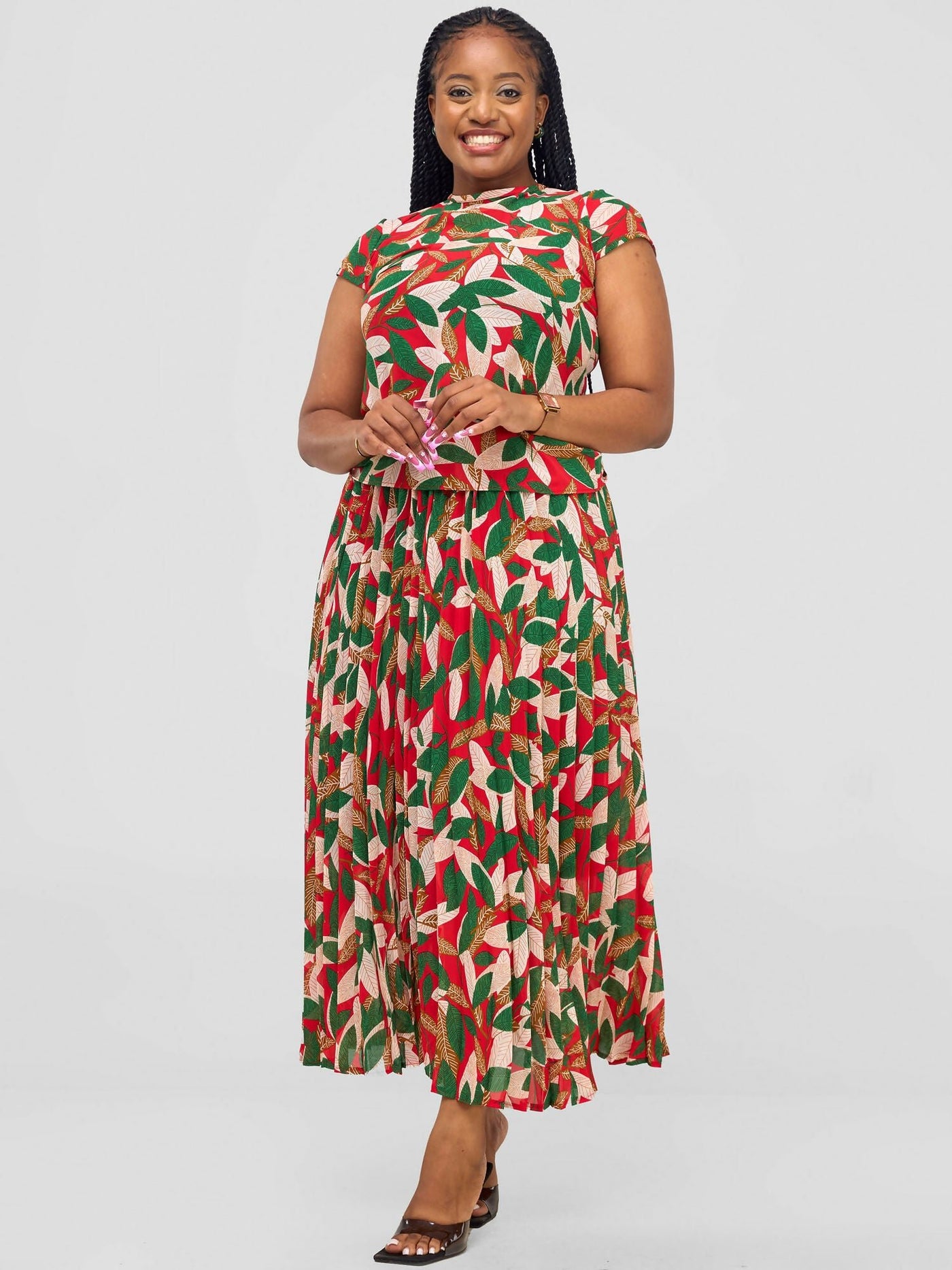 Laika House Leafy Pleat Skirt Set - Red Floral - Shopzetu
