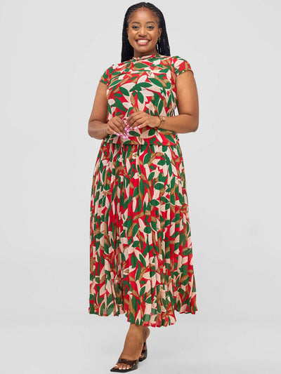 Laika House Leafy Pleat Skirt Set - Red Floral - Shopzetu
