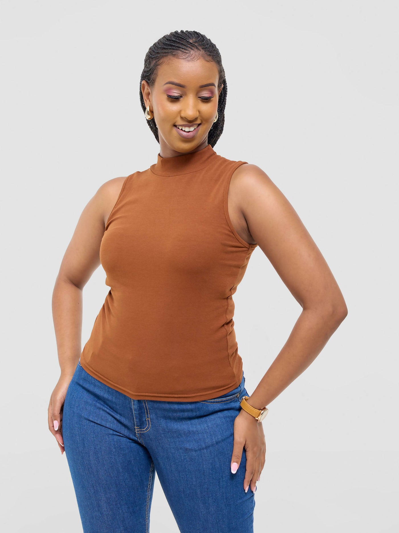 Anel's Knitwear Sleeveless Turtle Neck Top - Rust - Shopzetu