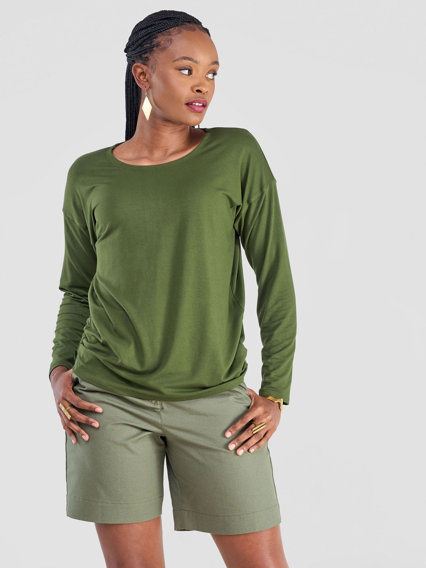 Safari by Vivo Bush Drop Shoulder Long Sleeve Top - Hunters Green