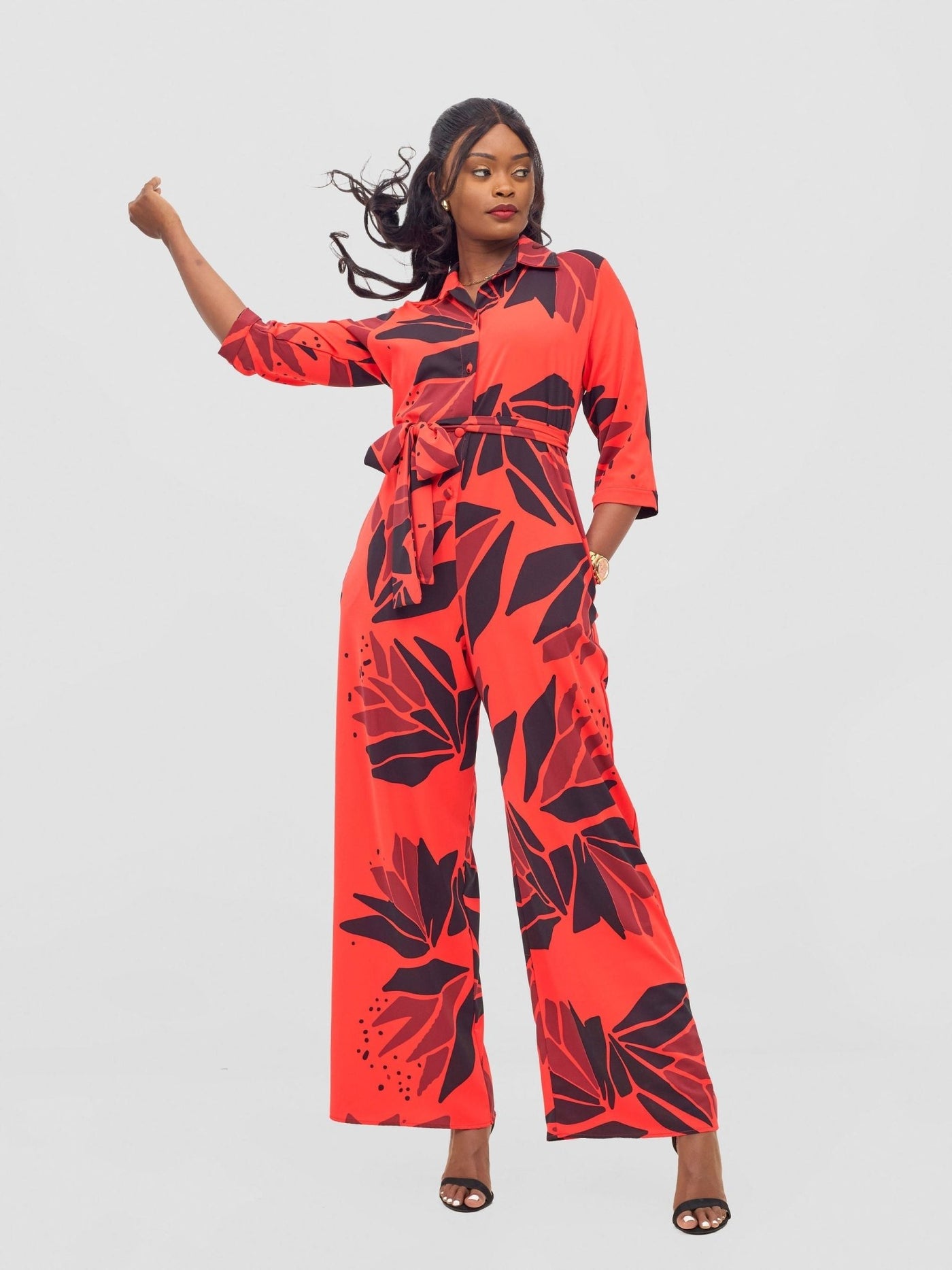 Vivo Ayah 3/4 Sleeve Jumpsuit - Orange / Grey Tullu Print - Shopzetu