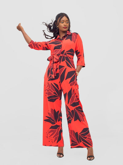 Vivo Ayah 3/4 Sleeve Jumpsuit - Orange / Grey Tullu Print - Shopzetu