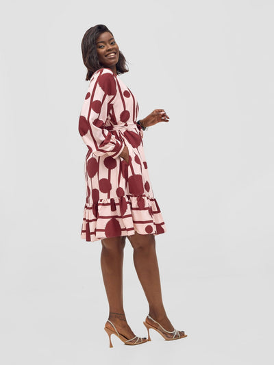 Vivo Serwa Tent Dress - Light Peach / Burgundy Doti Print - Shopzetu