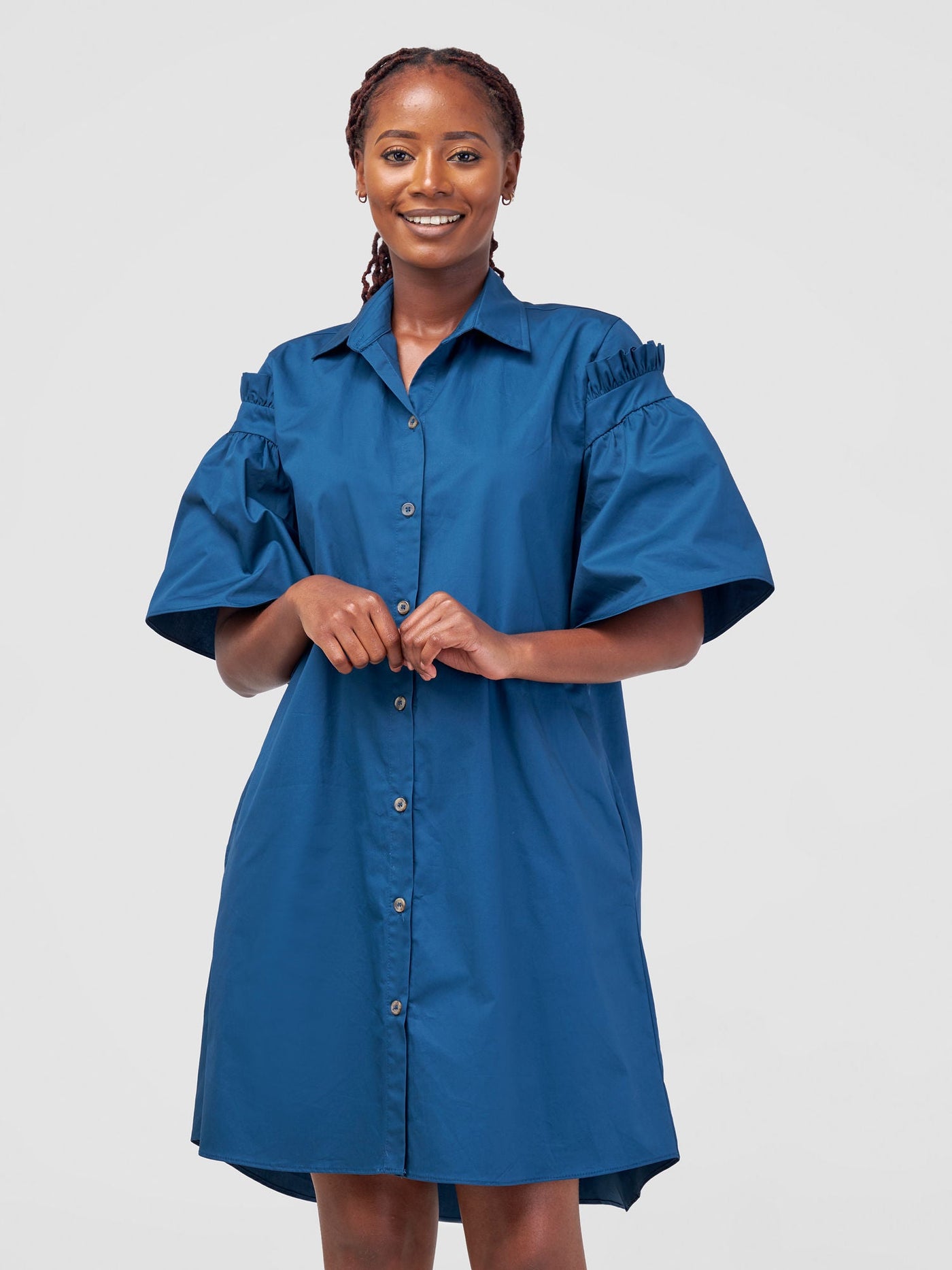 Safari by Vivo Mali Gathered Flounce Sleeve Shirt Dress - Deep Teal