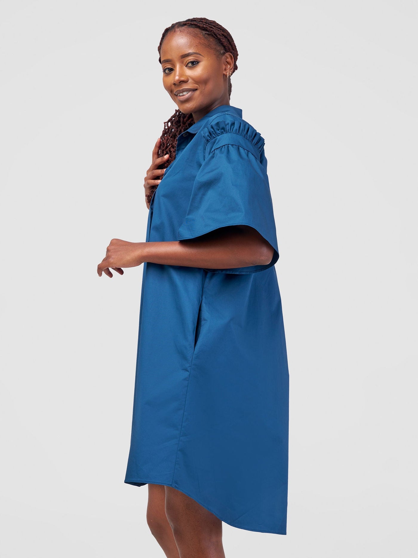 Safari by Vivo Mali Gathered Flounce Sleeve Shirt Dress - Deep Teal