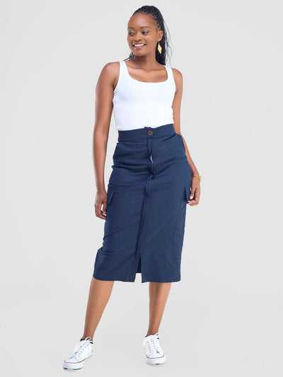 Safari by Vivo Kamari  Front Slit Midi Skirt - Navy