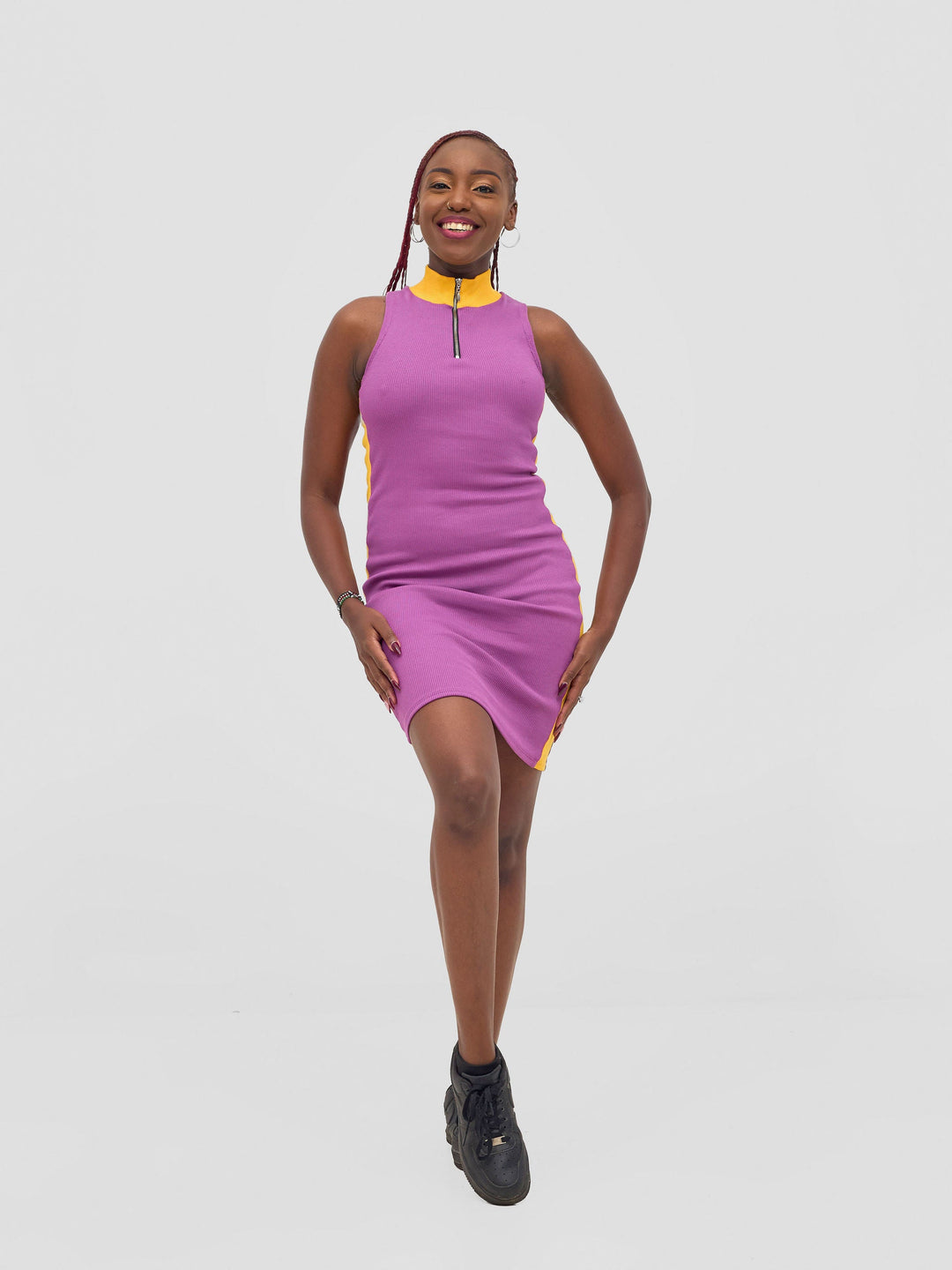 Zoya Vasha Sleeveless Turtleneck Mini Bodycon - Purple / Yellow