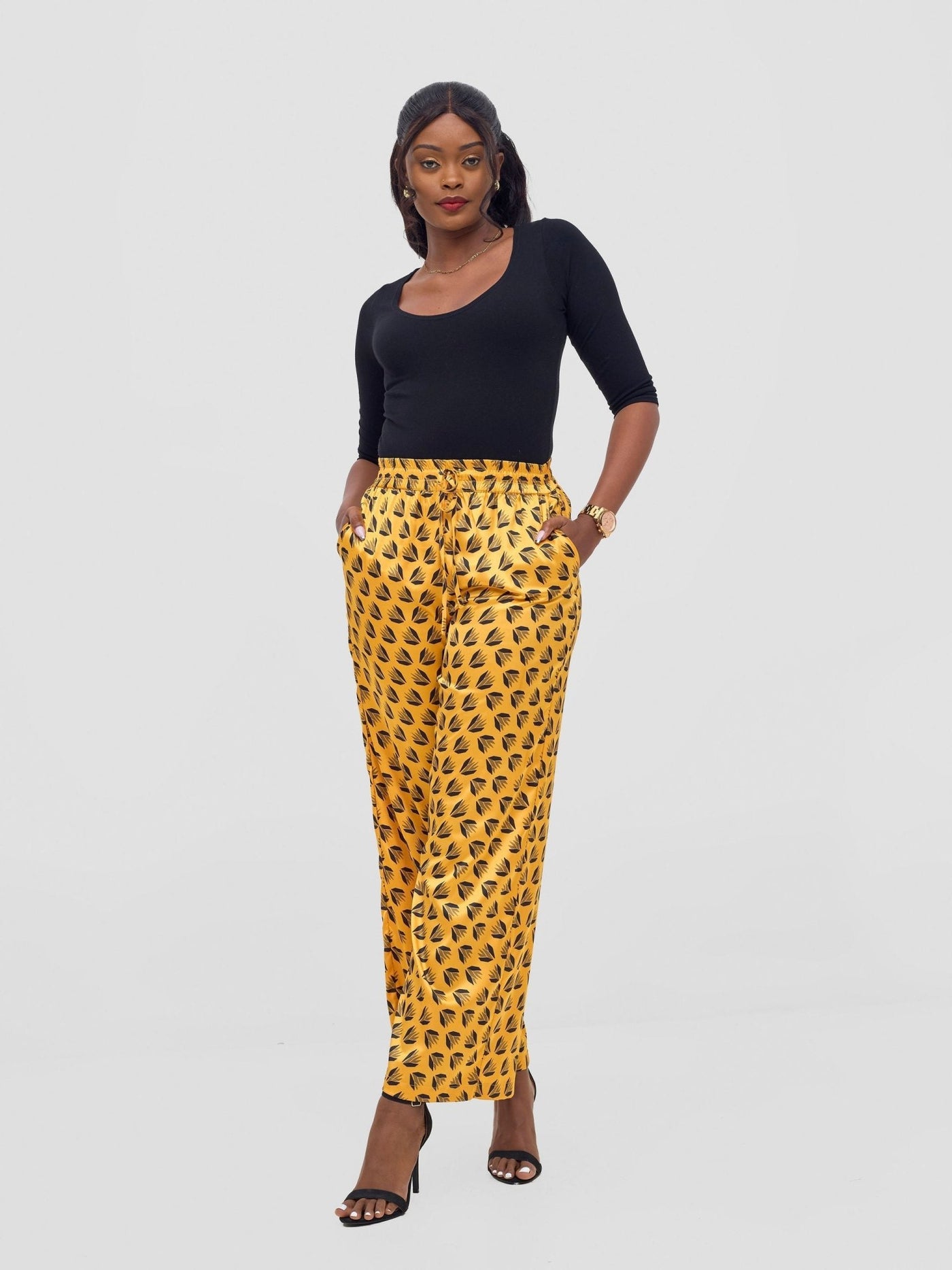 Vivo Ayah Satin Pants - Mustard / Black Ullu Print - Shopzetu