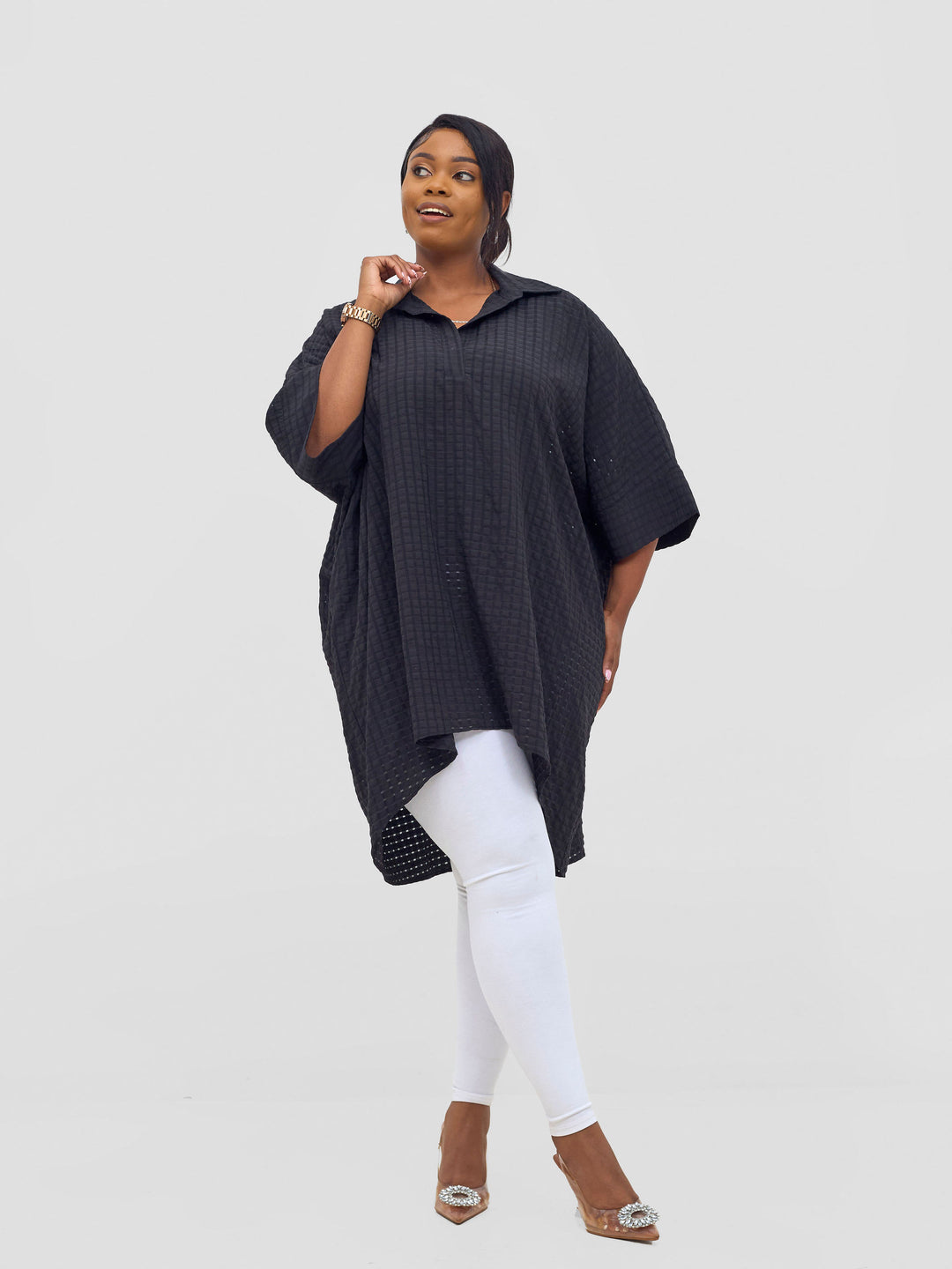 Vivo Mistari 3/4 Sleeve  V - Neck Collared Tunic Top -  Black Checkered
