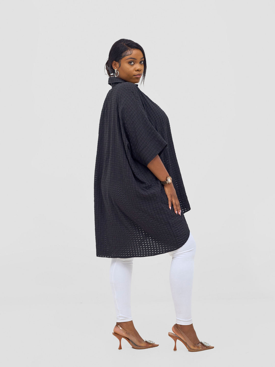Vivo Mistari 3/4 Sleeve  V - Neck Collared Tunic Top -  Black Checkered