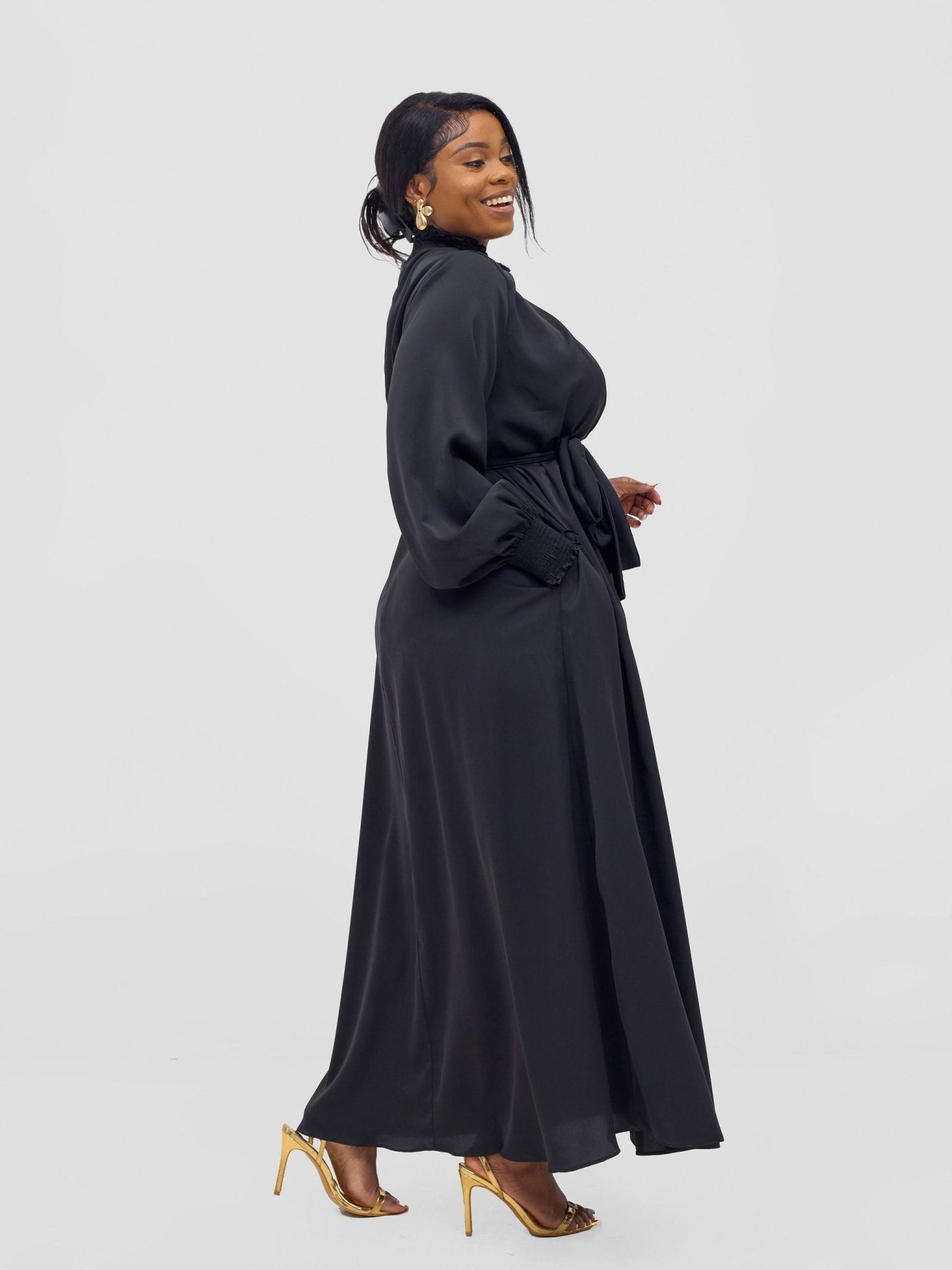 Vivo Ayah Shirred Neck Tent Maxi Dress - Black - Shopzetu