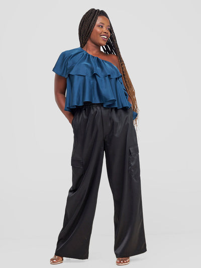 Zoya Naya One Shoulder Flounce Satin Crop Top - Teal - Shopzetu