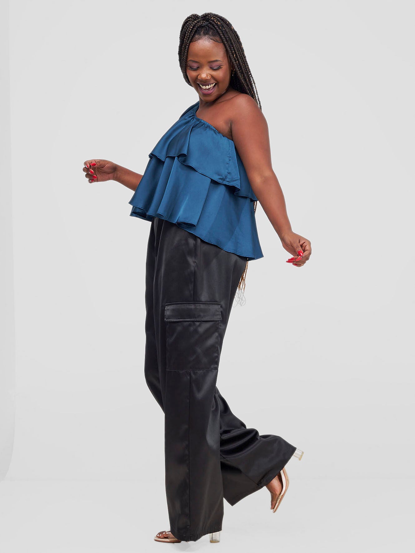Zoya Naya One Shoulder Flounce Satin Crop Top - Teal - Shopzetu