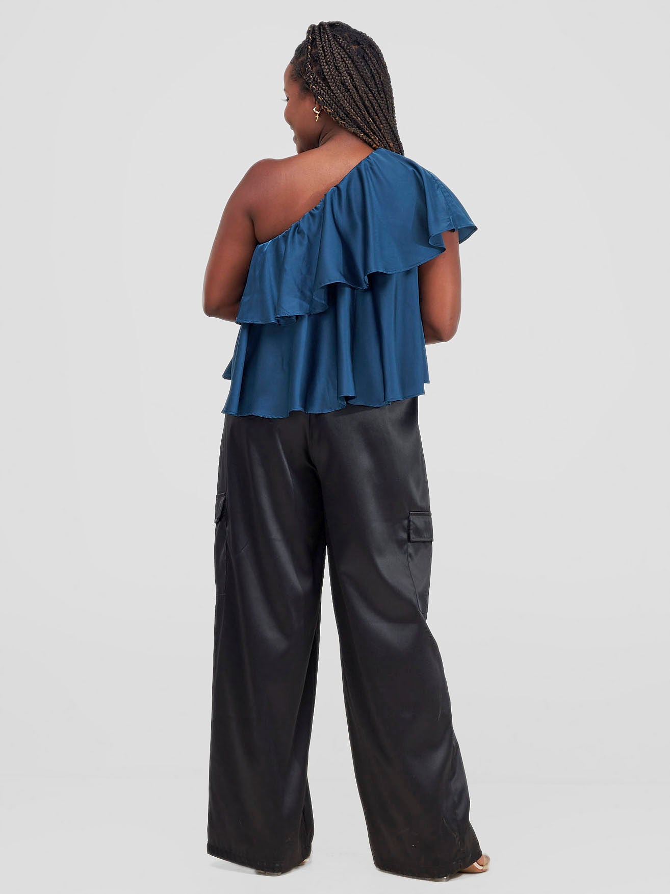Zoya Naya One Shoulder Flounce Satin Crop Top - Teal - Shopzetu
