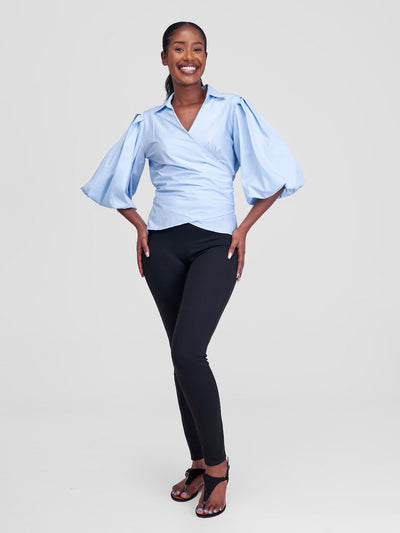Safari by Vivo Mali 3/4 Bishop Sleeve  Tie Top - Baby Blue