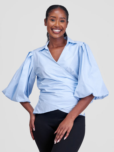 Safari by Vivo Mali 3/4 Bishop Sleeve  Tie Top - Baby Blue