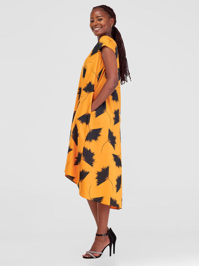 Vivo Jema High Low Tent Dress - Orange / Black Niger Print - Shopzetu