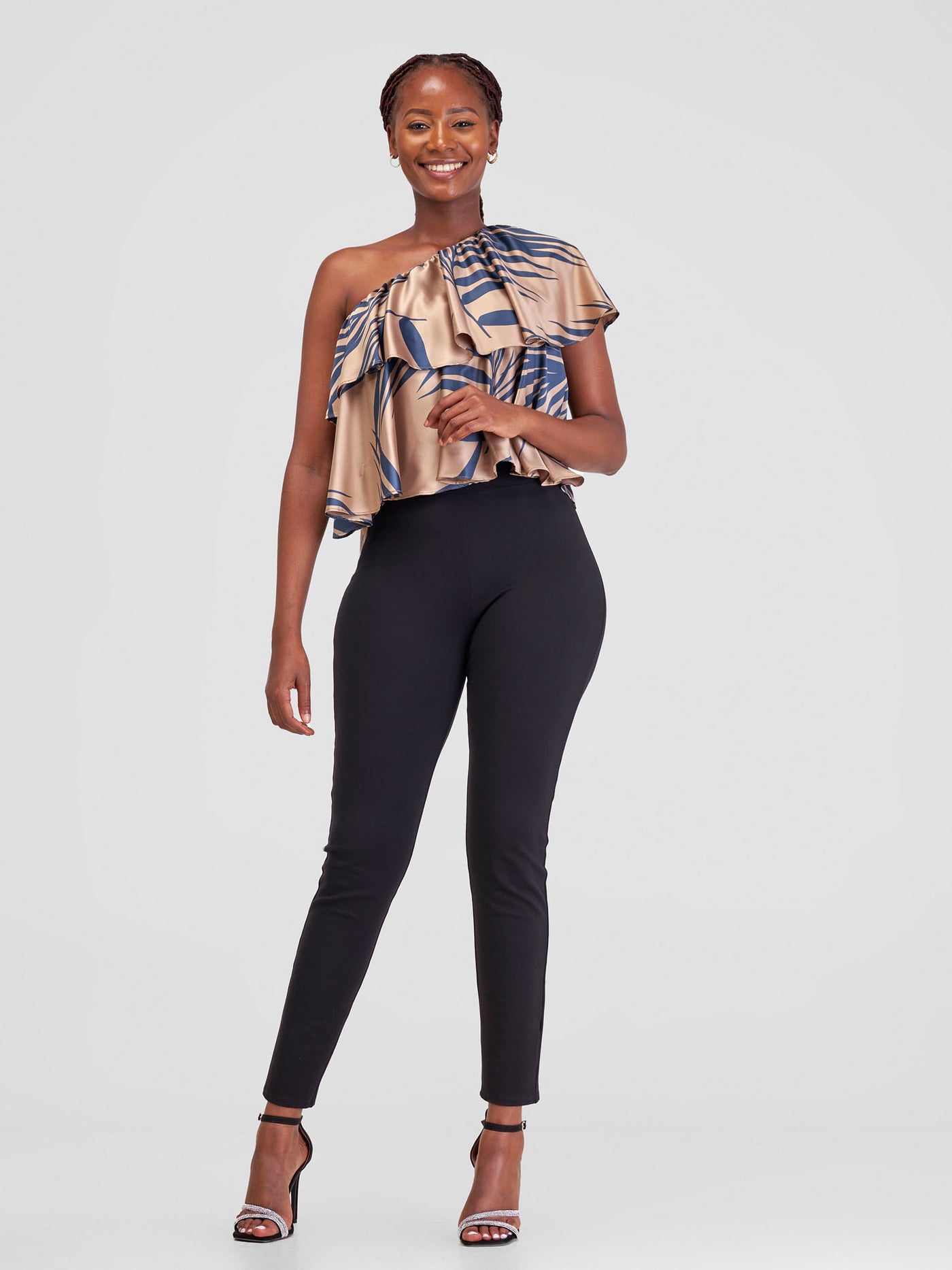 Zoya Naya One Shoulder Flounce Satin Crop Top - Dark Taupe / Navy Siri Print - Shopzetu